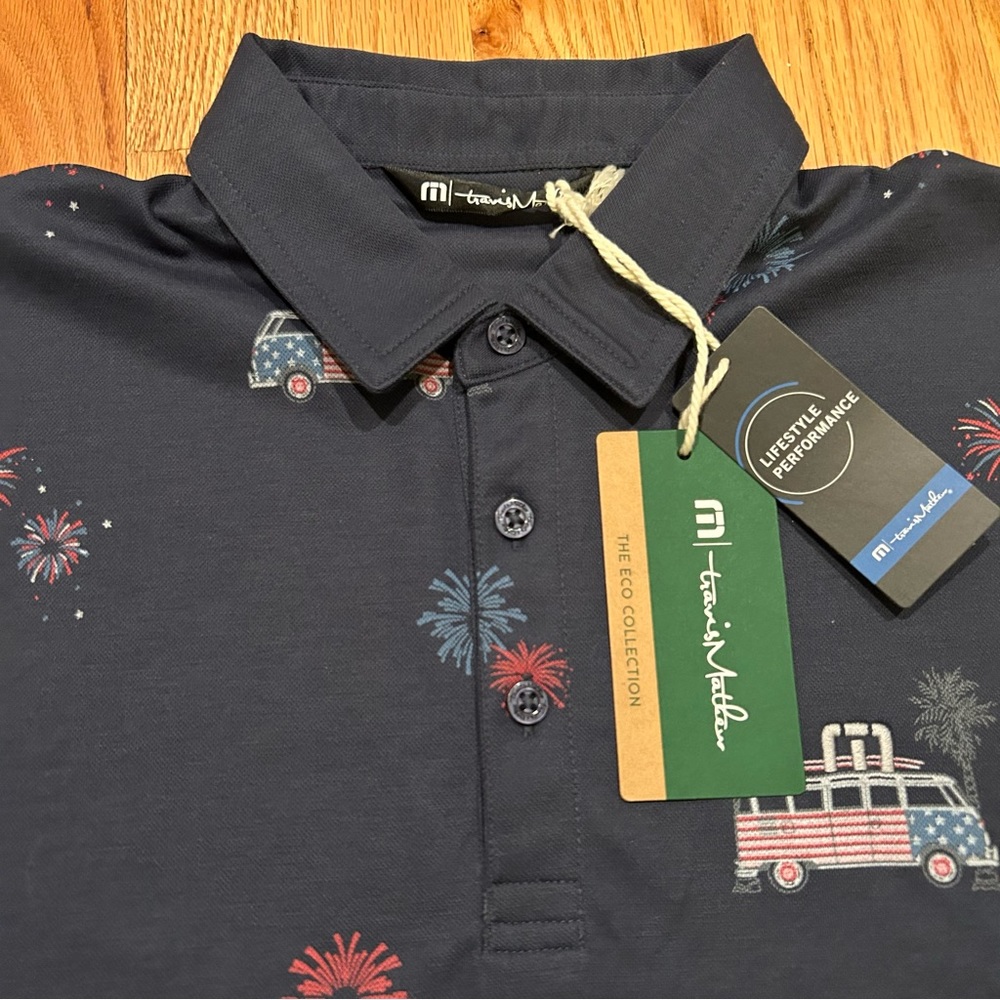 TRAVIS MATHEW Firework Golf Polo Shirt VW Bus Blue Nights Volkswagen NEW NWT